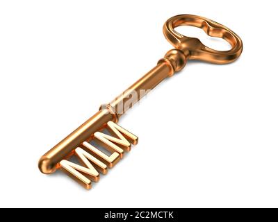 MLM - Multi-Level-Marketing - Goldener Schlüssel auf weißem Hintergrund. Geschäftskonzept. Stockfoto