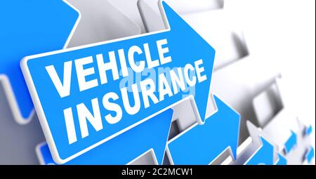 Kfz-Versicherung - Geschäftskonzept. Blauer Pfeil mit 'Fahrzeugversicherung' Worten auf grauem Hintergrund. Stockfoto