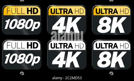 FullHD, 4k und 8k Set Logo Icon in schlichtem Flat Style. Symbole für Video- oder Bildschirmauflösung in Schwarz, Weiß und Gold. Eingestellt auf 1080p-, 4K- und 8k-Logos Stockfoto