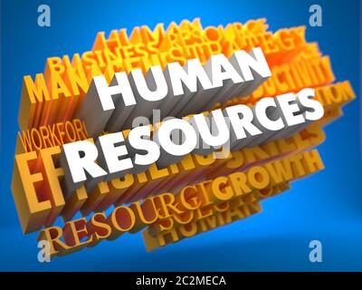 Human Resources - Wörter in weißer Farbe auf Wolke von gelben Wörtern auf blauem Hintergrund. Wordcloud-Konzept. Stockfoto