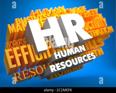 HR – Personalwesen. Die Wörter in weißer Farbe auf Wolke von gelben Wörtern auf blauem Hintergrund. Wordcloud-Konzept. Stockfoto