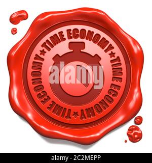 Time Economy Slogan mit Stoppuhr Icon - Stempel auf Red Wax Seal Isolated on White. Stockfoto