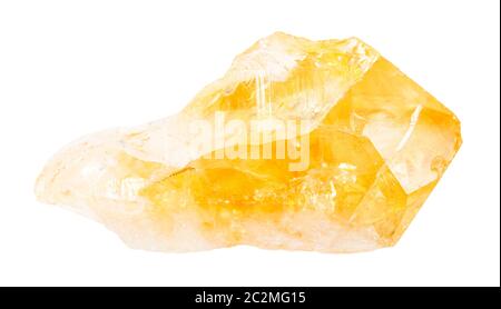Nahaufnahme der natürlichen Mineralprobe aus der geologischen Sammlung - ungeschliffener Citrin (gelber Quarz)-Kristall isoliert auf weißem Hintergrund Stockfoto