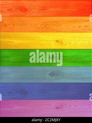 Textur aus bunten horizontalen Brettern in den Farben des Regenbogens Stockfoto