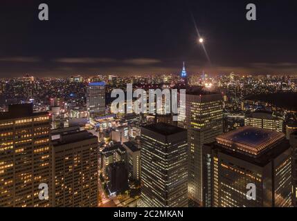 Bei Nacht Panoramablick vom Tokyo Metropolitan Government Building bei Vollmond. Stockfoto