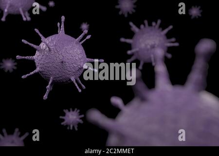 3D-Rendering-Mikroskop-Virus Nahaufnahme. 3D-Abbildung Viren, die Infektionskrankheiten verursachen, verringerte Immunität Beispiel Hepatitis, H1N1, HIV, GRIPPE, HILFE Stockfoto