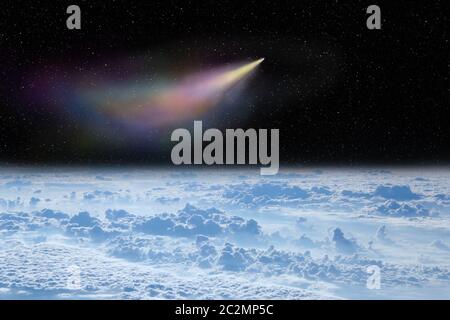 Komet fliegt im Weltraum über weißen Wolken. Komet fliegt im Weltraum über den Planeten Erde. Raum Landschaft Stockfoto