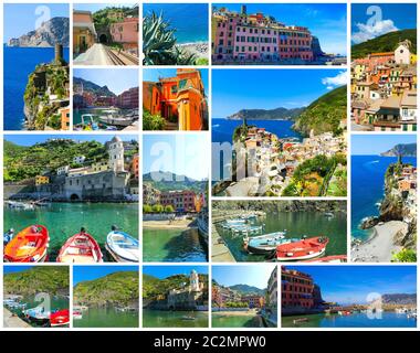 Kirche und Sandstrand in Vernazza Stadt, Cinque Terre Nationalpark Stockfoto