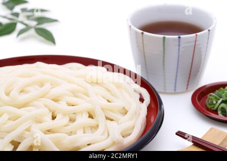 Japanische Zaru udon Nudeln in eine Platte mit Sojasauce auf weißem Hintergrund Stockfoto