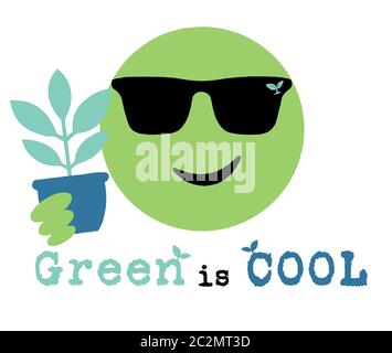 Lächelndes grünes Emoji hält eine Pflanze in einem Topf, Grün ist kühler Text, um Hauspflanzen anzubauen und sich um Ihre Umwelt zu kümmern Stockfoto