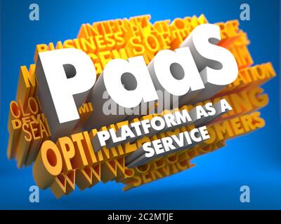 PAAS - Platform-as-a-Service - auf gelber WordCloud auf blauem Hintergrund. Stockfoto