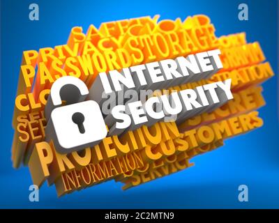 Internet Security mit Symbol des geöffneten Vorhängeschlosses - Weiß Farbe Text auf Gelb WordCloud auf blauem Hintergrund. Stockfoto