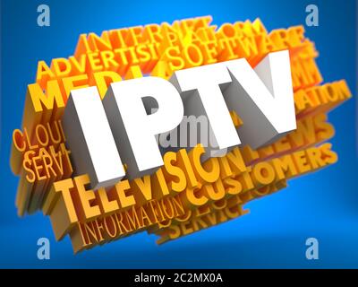 IPTV - Weißer Text auf gelber WordCloud auf blauem Hintergrund. Stockfoto