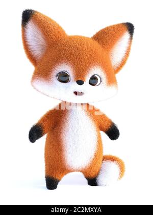 3D-Rendering von einem entzückenden happy Furry cartoon Fox stehen und süß. Weißer Hintergrund. Stockfoto