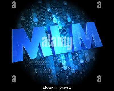 MLM - Multi-Level Marketing - Text in blauer Farbe auf dunklem digitalen Hintergrund. Stockfoto