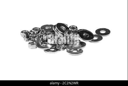 Eine Handvoll Befestigungsscheiben und Muttern Stockfoto