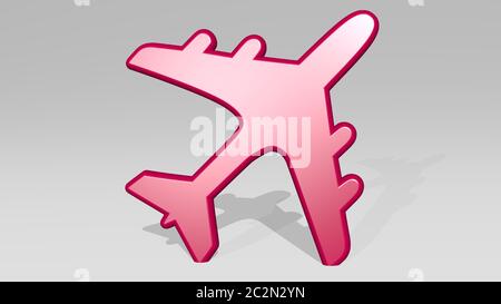 FLUGZEUG aus einer Perspektive an der Wand. Eine dicke Skulptur aus metallischen Materialien von 3D-Rendering. Flug und Editorial Stockfoto