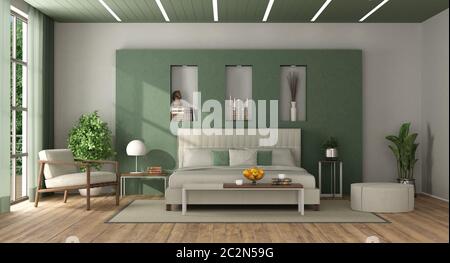 Weißes und grünes, elegantes Hauptschlafzimmer mit Doppelbett an der Wand mit Nische - 3D-Rendering Stockfoto