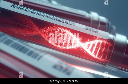 Blutkörperchen, DNA-Molekül, das sich im Reagenzglas bildet. 3D-Illustration, konzeptionelles Bild von Wissenschaft und Technologie. Stockfoto