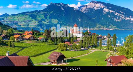Antenne Panoramablick von Spiez Kirche und Schloss am Ufer des Thunersees im Schweizer Kanton Bern bei Sonnenuntergang, Spiez, Schweiz. Stockfoto