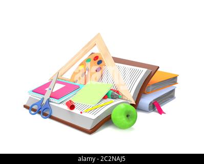 Set von Schulausrüstung, Notebook, Schere, Stifte isoliert auf weißem Hintergrund Stockfoto