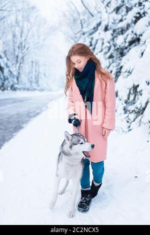 Junge Frau geht in den Park mit Siberian Husky, verschneiten Wald im Hintergrund. Niedliche Mädchen mit bezaubernden Hund Stockfoto