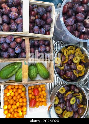 Frisch geerntete Tomaten, Gurken, Pflaumen und ein grüner Apfel in Körben Stockfoto