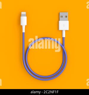 3D-Render eines klassischen USB-Kabel auf einen orangen Hintergrund in einem flach Stil Stockfoto