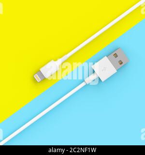 3D-Render eines klassischen usb-kabel auf einem blauen und gelben bicolor Hintergrund in einer flach Stil Stockfoto