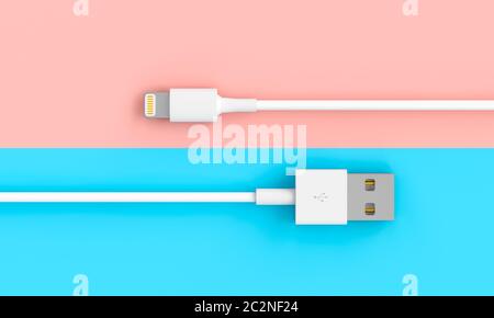 3D-Render eines klassischen usb-kabel auf einem Blauen und Rosa bicolor Hintergrund in einer flach Stil Stockfoto