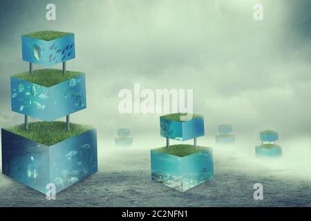 Aquarienwürfel auf dunklem, trüben Hintergrund Stockfoto