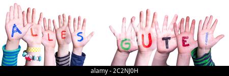 Kinderhände Buntes Deutsches Wort Bauen Alles Jute Heißt Beste Wünsche. Weißer Isolierter Hintergrund Stockfoto