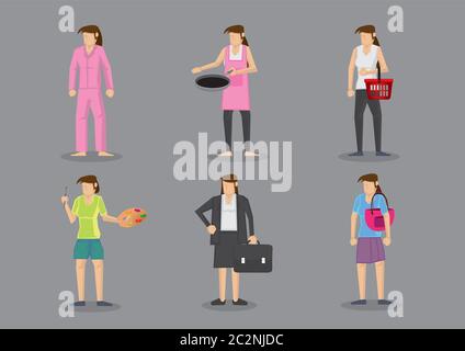Frau trägt verschiedene Outfits für verschiedene Rollen. Satz von sechs Vektor-Illustration in Cartoon-Stil isoliert auf grauem Hintergrund. Stock Vektor