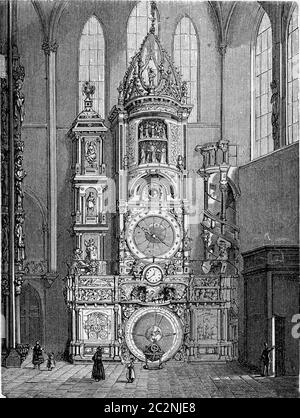 Strasbourg astronomische Uhr im Straßburger Münster in Straßburg, Elsass, Frankreich. Aus Chemin des Ecoliers, Vintage-Gravur, 1876. Stockfoto