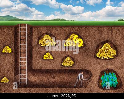 Geschäftsmann gräbt einen Tunnel zu Edelsteinen u Stockfoto