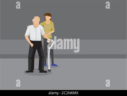 Junge Frau, die Arm und Schulter eines schwachen alten Mannes mit einem Metallstab auf der Straße hält. Cartoon Vektor-Illustration über ältere Menschen zu helfen. Stock Vektor