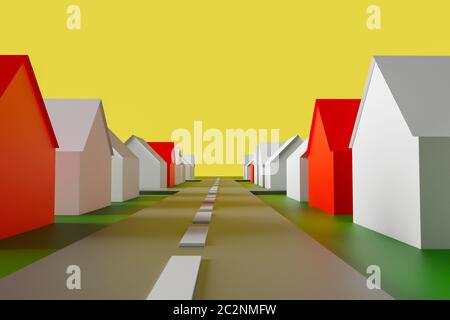 3D-Illustration abstrakte Darstellung des Dorfes. Kleine typische weiße und rote Landhäuser stehen entlang einer Autobahn. Das Konzept der gleichen, simil Stockfoto