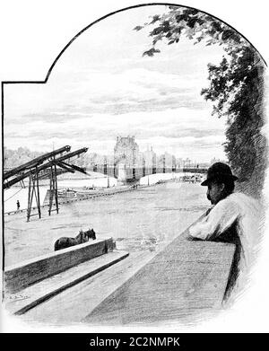 Pont de Solferino und Pavillon de Flore, vom Quai d'Orsay aus gesehen, Illustration mit Vintage-Gravur. Paris - Auguste VITU – 1890. Stockfoto