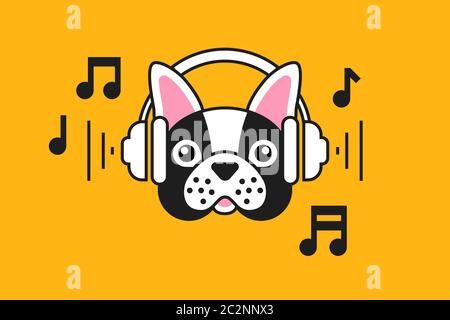 Französische Bulldogge mit Kopfhörern auf safrangelbem trendigen Hintergrund. Design für Grußkarte, Aufkleber, Poster, Podcast-Cover und T-Shirts Stock Vektor