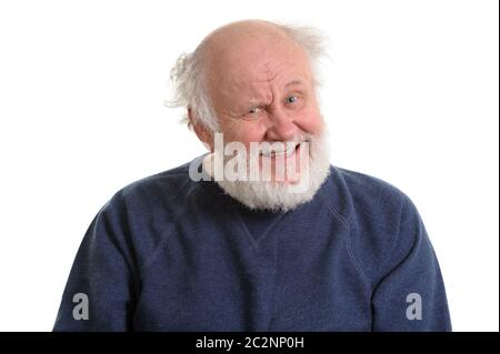 Portrait von sarcasticly Lachen älterer Mann, isoliert auf weißem Stockfoto