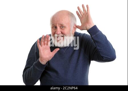 Alter Mann zeigt seine leeren Handflächen isoliert auf weißem Stockfoto