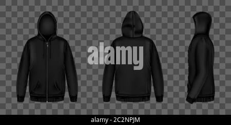 Schwarzes Sweatshirt mit Reißverschluss, Kapuze und Taschen vorne, hinten und seitlich. Vector realistische Mockup von männlichen Zip Hoodie mit langen Ärmeln. Warmes Shirt, Herren Sportjacke isoliert auf transparentem Hintergrund Stock Vektor