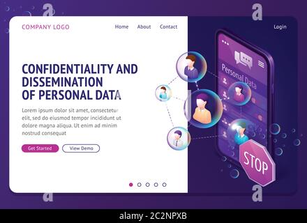 Schutz personenbezogener Daten isometrische Landing Page. Internet soziale Netzwerke Medien Cyber-Privatsphäre, vertrauliche Informationen zu schützen. Smartphone-Bildschirm mit verbundenen menschlichen Profilen, 3d-Vektor-Webbanner Stock Vektor