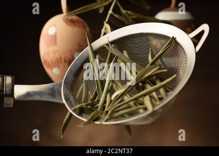 Osterkräutertee mit Olivenblättern Stockfoto