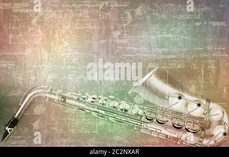 Abstraktes graues Grunge Vintage Sound Background Saxofon Stockfoto