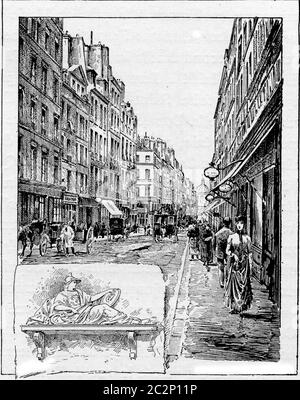 Alte Straße, die 1688 in Paris, Frankreich, Rue de la Comedie genannt wurde. Eine Skulptur der römischen Göttin Minerva befindet sich in der Rue de la Come Nr. 14 Stockfoto