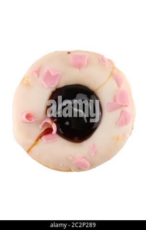 Donuts auf Weiß isoliert gesetzt. Verschiedene Arten von Donuts: Mit Schokolade, rosa mit Streifen, mit Glasur und farbigen Spritzern und bestreuten schwarzen Keks Stockfoto