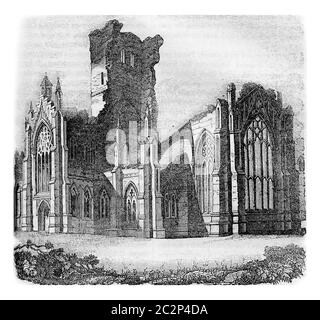 Melrose Abbey, Schottland, 1650 teilweise zerstört, Illustration mit Vintage-Gravur. Bunte Geschichte Englands, 1837. Stockfoto