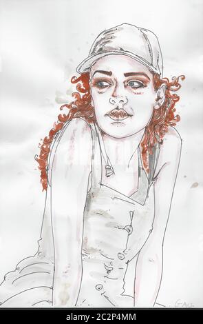 Frauenportrait, Originalzeichnungen mit Aquarell auf Papier gemalt Stockfoto