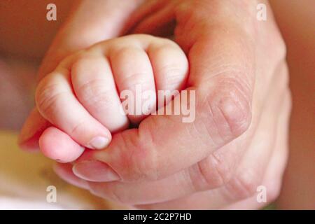 Die Hand des Kindes liegt in der mütterlichen Hand. Mutter Liebe. Mutter kümmert sich um das Baby. Mutter und Neugeborenes. Neu Stockfoto